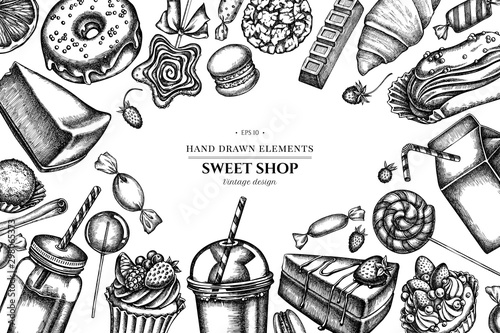 Floral design with black and white cinnamon, macaron, lollipop, bar, candies, oranges, buns and bread, croissants and bread, strawberry, milk boxes, smoothie cup, lollipop, smothie jars, cheesecake