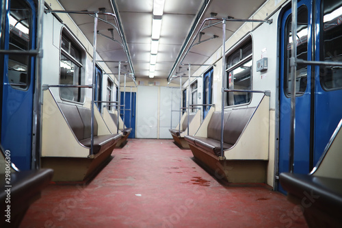 Subway car with empty seats. Empty subway.