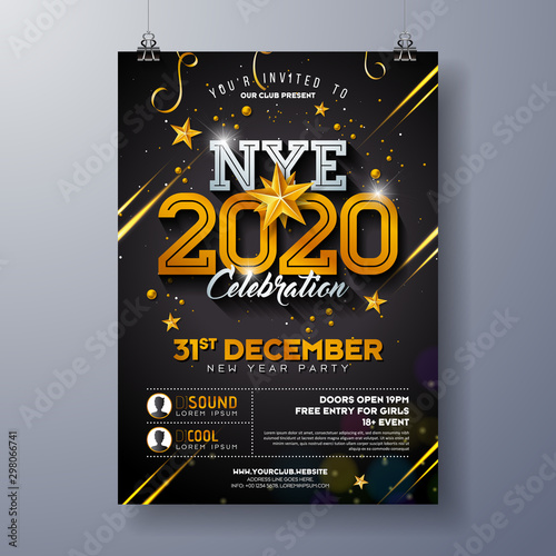 2020 New Year Party Celebration Poster Template Illustration with Shiny Gold Number on Black Background. Vector Holiday Premium Invitation Flyer or Promo Banner.