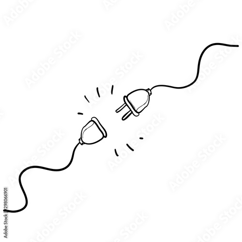 Electric socket with a plug. Connection and disconnection concept for 404 error connection. handdrawn doodle style