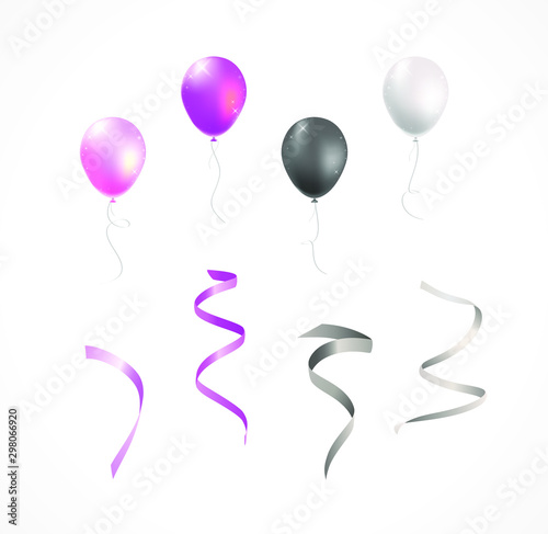 Set of Realistic Isolated Colorful Balloons and Streamers on White Background