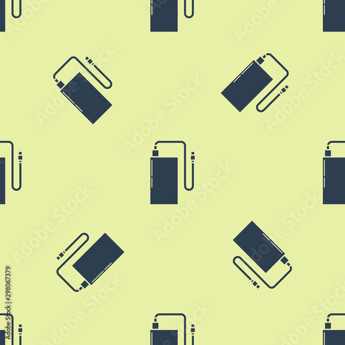 Blue Power bank with different charge cable icon isolated seamless pattern on yellow background. Portable charging device. Vector Illustration