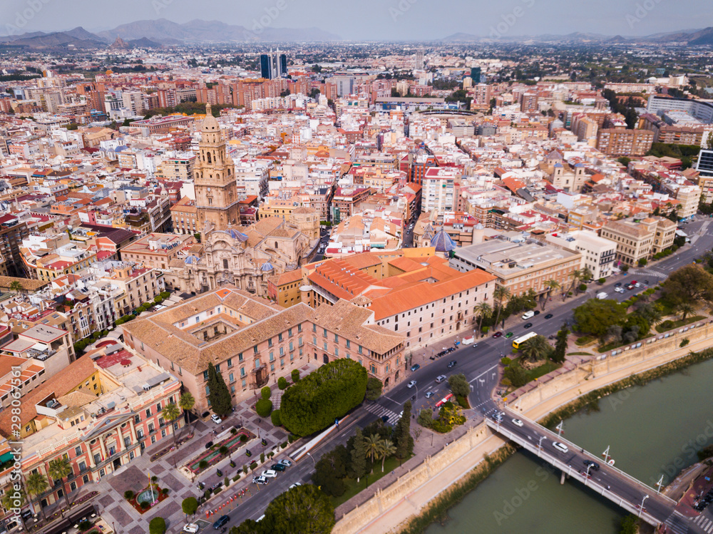 Aerial view of Murcia cityscape with a segura river  and apartment buildings