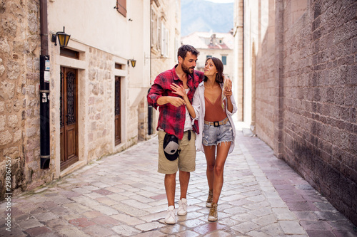 Love couple exploring new town