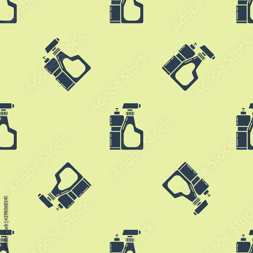 Blue Plastic bottles for liquid laundry detergent, bleach, dishwashing liquid or another cleaning agent icon isolated seamless pattern on yellow background. Vector Illustration