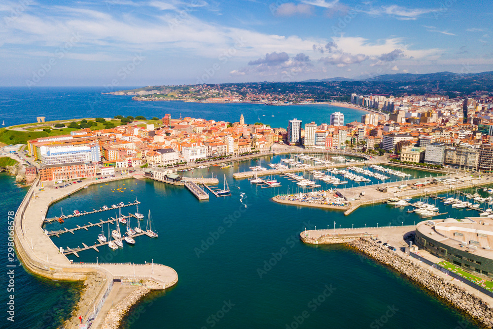 View from drone of Gijon overlooking of sports port
