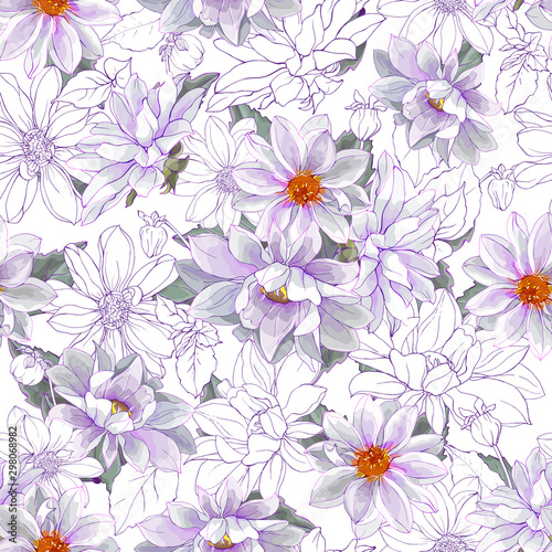 Pretty Floral Seamless Pattern with White Dahlias on White Background. Watercolor Style. For Textile, Wallpapers, Print, Greeting. Vector Illustration.