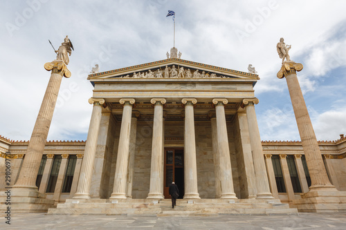 Exterior view of the Academy of Athens, Outside view of Ancient Greek style architecture in Athens, Greece