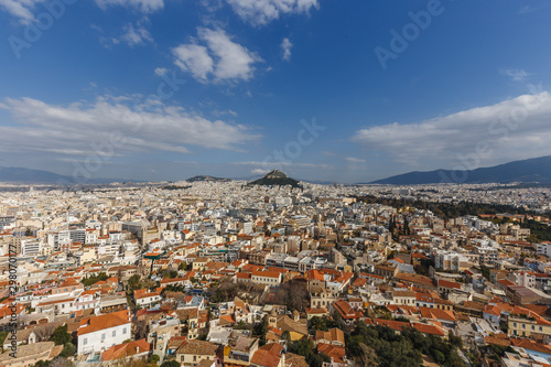 Athens cityscape, and Lycabettus Hill with blue sky