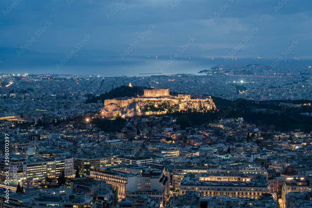 Overlook the night view of Acropolis in Athens, Greece