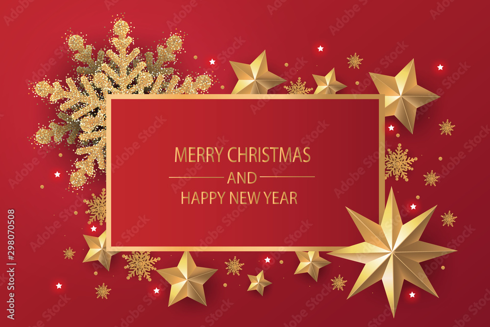 Merry Christmas and Happy New Year. Christmas greeting card red background with gold stars and gold snowflakes.