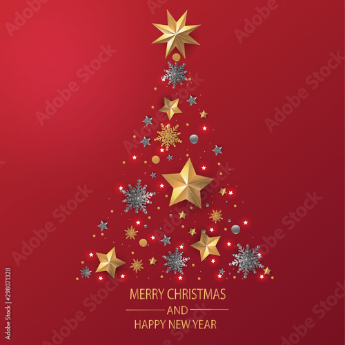Merry Christmas and Happy New Year. Christmas greeting card in red background with decoration.
