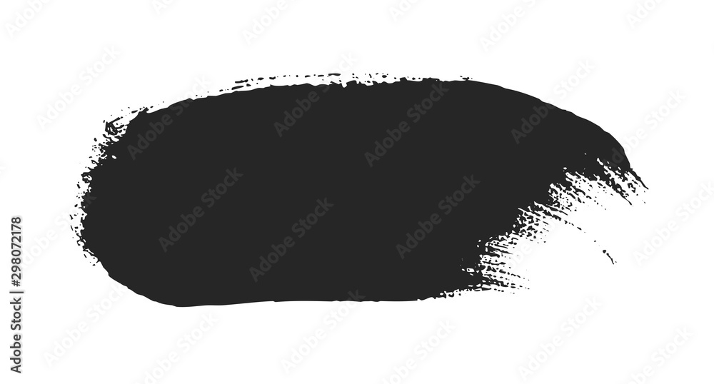 Fototapeta premium Black paint brush stroke isolated on white background. Dirty texture watercolor brush blot. Grungy stain banner for text message. Universal hand drawn graphic design element. Black ink painting.