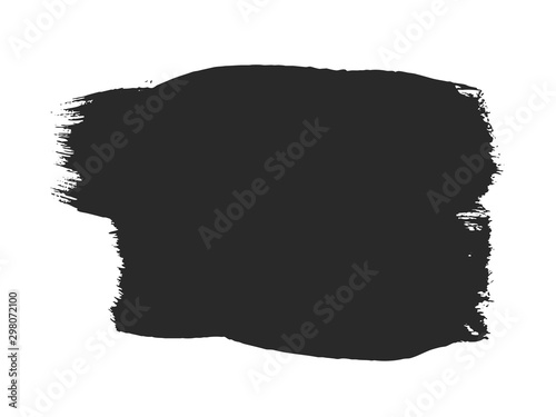 Black paintbrush stroke isolated on white background. Abstract painted object. Dirty texture watercolor brush blot. Grungy stain frame for text message. Universal hand drawn ink graphic element.