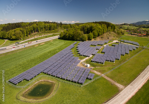 Aerial View to Solar Farm in Bavaria, Germany