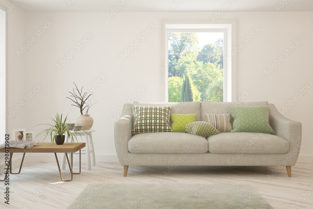 Naklejka premium Stylish room in white color with sofa and summer landscape in window. Scandinavian interior design. 3D illustration