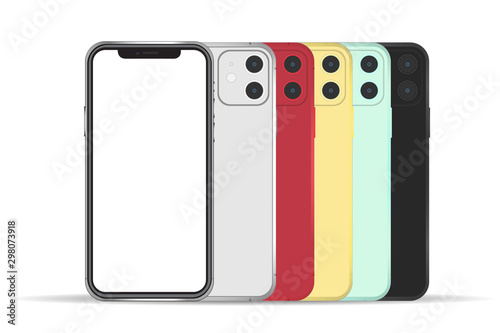 New smartphone 11  with blank screen have 5 color isolated on background