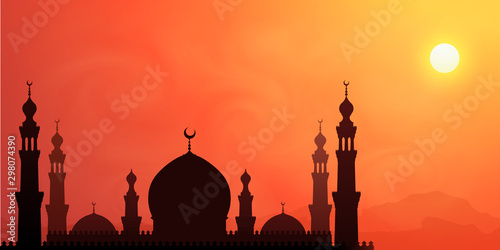Dark mosque silhouette on hot sun orange sky background, vector banner and poster illustration
