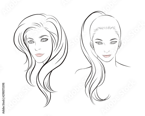 girl face long hair portrait isolated on white background. hand drawn vector illustration
