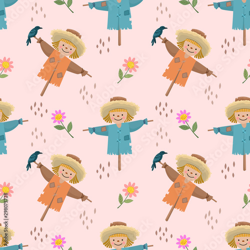 Cute cartoon scarecrows and flowers seamless pattern.