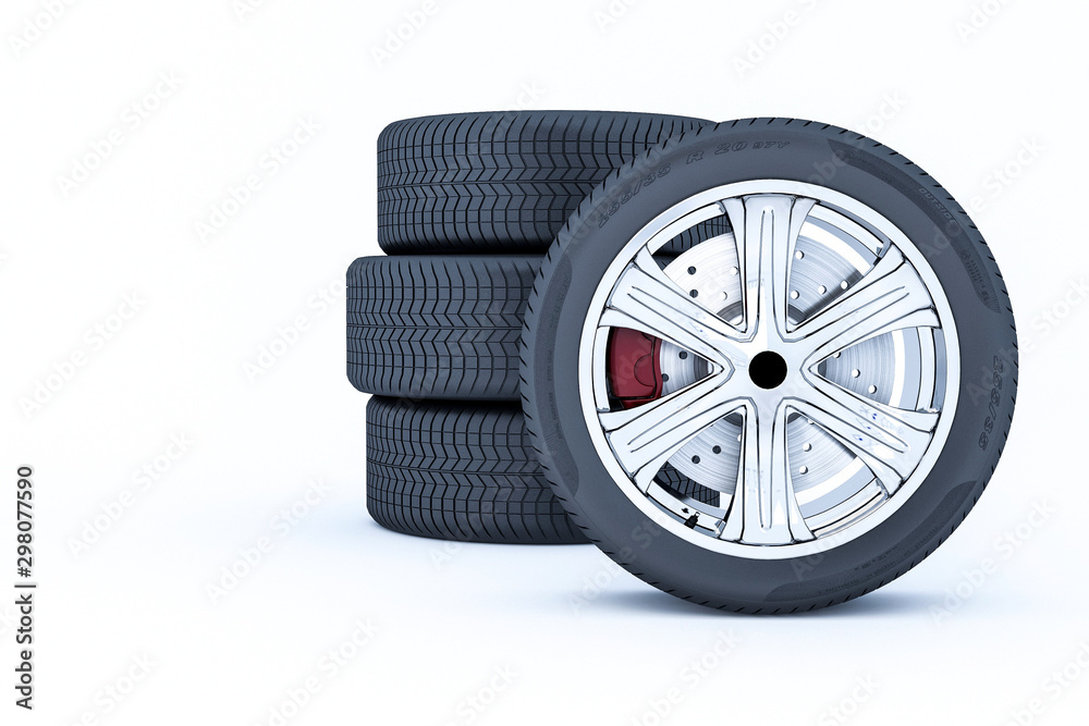 Obraz premium Car wheels isolated on a white background. 3D rendering.