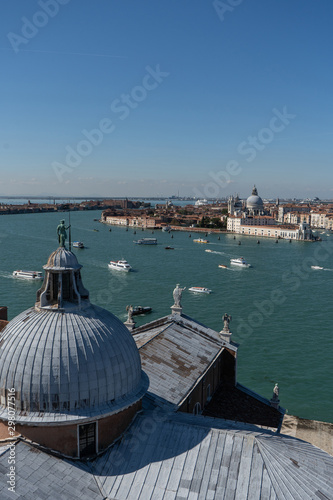 View from San Giorgio Maggiore church with domes to Grand canal. Travel photo. Venice. Italy. Europe.