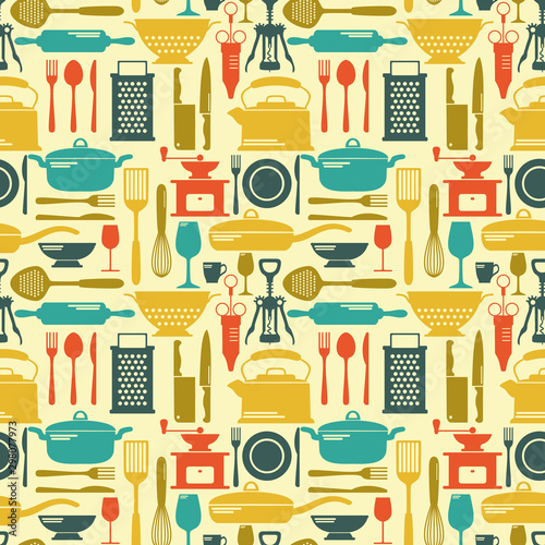 Seamless kitchen vector background with flat icons