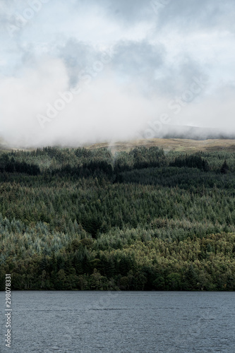 A view of Loch Ness and its woods on a foggy day