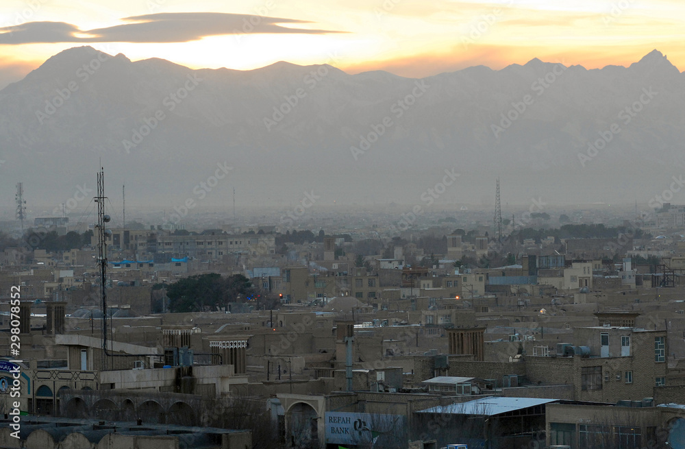 Sunset panorama of Yazd. View from Amir Chakhmaq Complex. Iran.