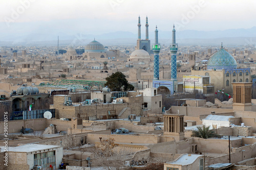 Panorama of Yazd and view at Jameh mosque. View from Amir Chakhmaq Complex. Iran.