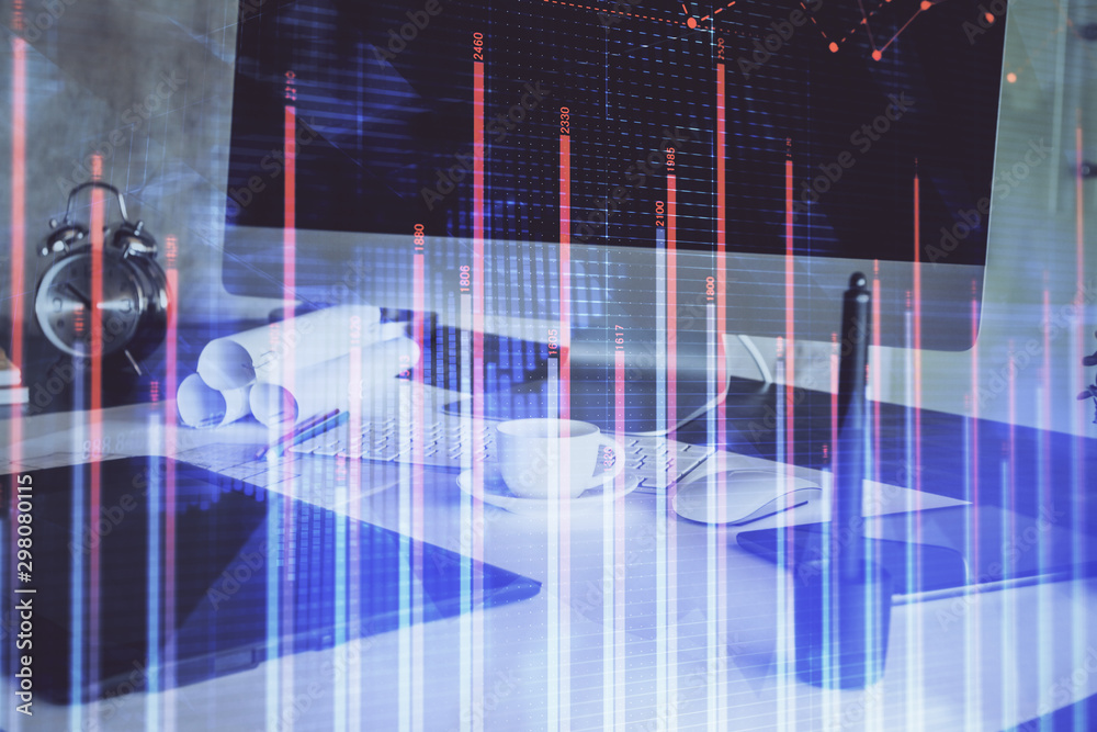 Stock market graph on background with desk and personal computer. Double exposure. Concept of financial analysis. Stock market graph on background with desk and personal computer. Double exposure. Concept of financial analysis.
