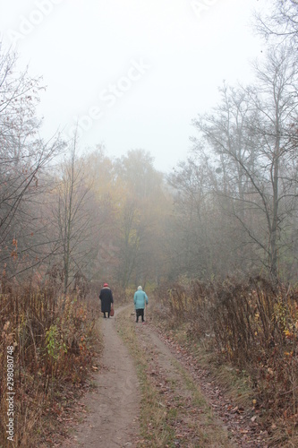 senior couple friends walking in the autumn park