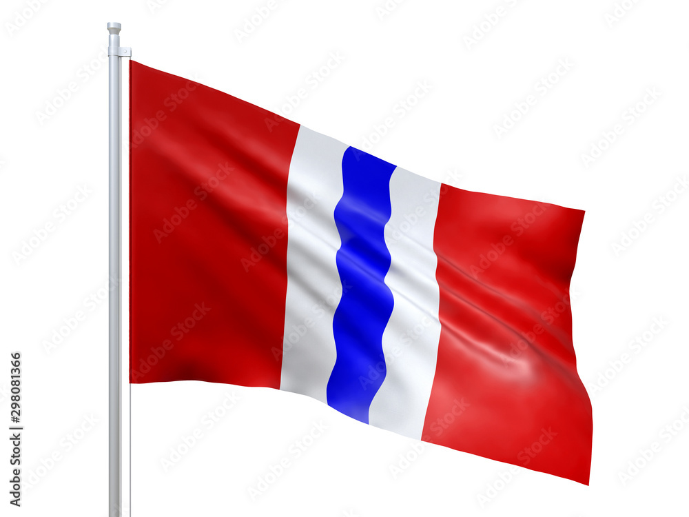 Omsk oblast (Federal subject of Russia) flag waving on white background, close up, isolated. 3D render