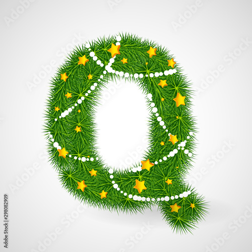 Decorated Christmas and New Year tree abc. Vector decorative font with fir-tree, stars and garlands. Retro vintage style typeface letter set.