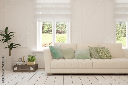 Stylish room in white color with sofa and summer landscape in window. Scandinavian interior design. 3D illustration