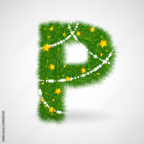 Decorated Christmas and New Year tree abc. Vector decorative font with fir-tree, stars and garlands. Retro vintage style typeface letter set.