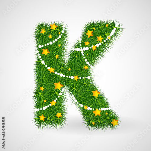 Decorated Christmas and New Year tree abc. Vector decorative font with fir-tree, stars and garlands. Retro vintage style typeface letter set.