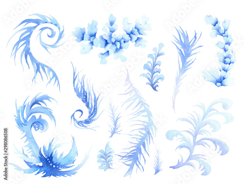 Fototapeta Naklejka Na Ścianę i Meble -  Set of blue frosty patterns (fantasy window winter shapes) hand drawn in watercolor isolated on a white background. Winter watercolor illustration. Winter design. 