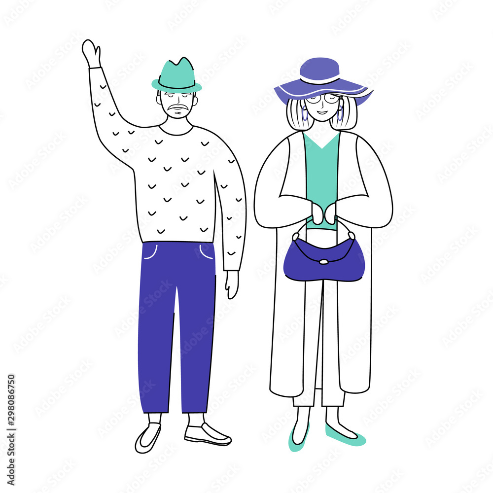 Retired people flat vector illustration. Senior age family. Elderly man waving. Old couple in outerwear. Pensioners isolated cartoon characters with outline elements on white background Retired people flat vector illustration. Senior age family. Elderly man waving. Old couple in outerwear. Pensioners isolated cartoon characters with outline elements on white background