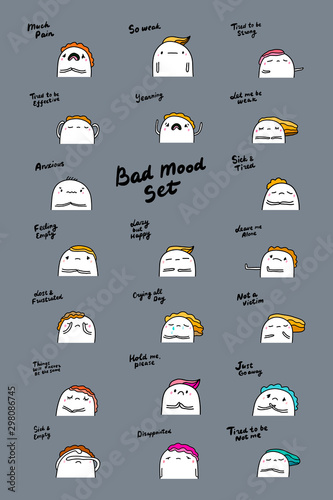 Big sad mood set hand drawn vector illustration in cartoon comic style men in different emotions expressive