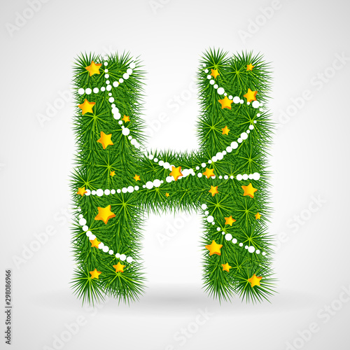 Decorated Christmas and New Year tree abc. Vector decorative font with fir-tree, stars and garlands. Retro vintage style typeface letter set.