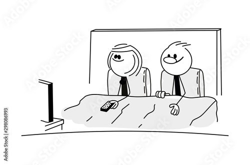 Doodle stick figure: Couple in the bed watching TV. Happy family.