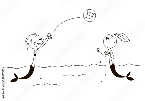 Doodle stick figure: Mermaids Playing Ball - Vector