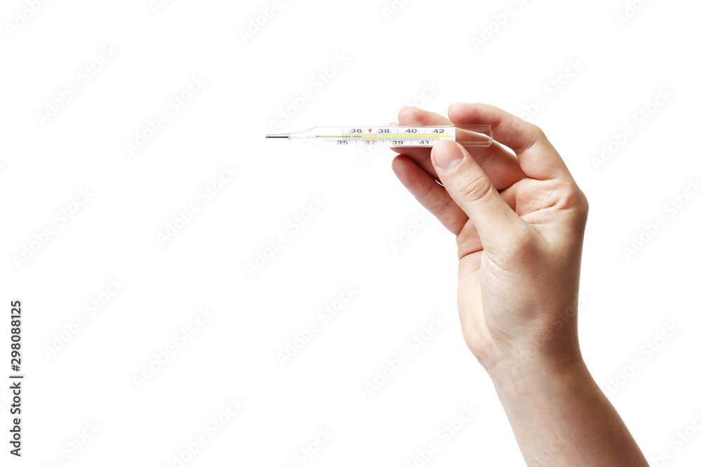 hand man holding thermometer on white background, close up hand man holding thermometer on white background, close up