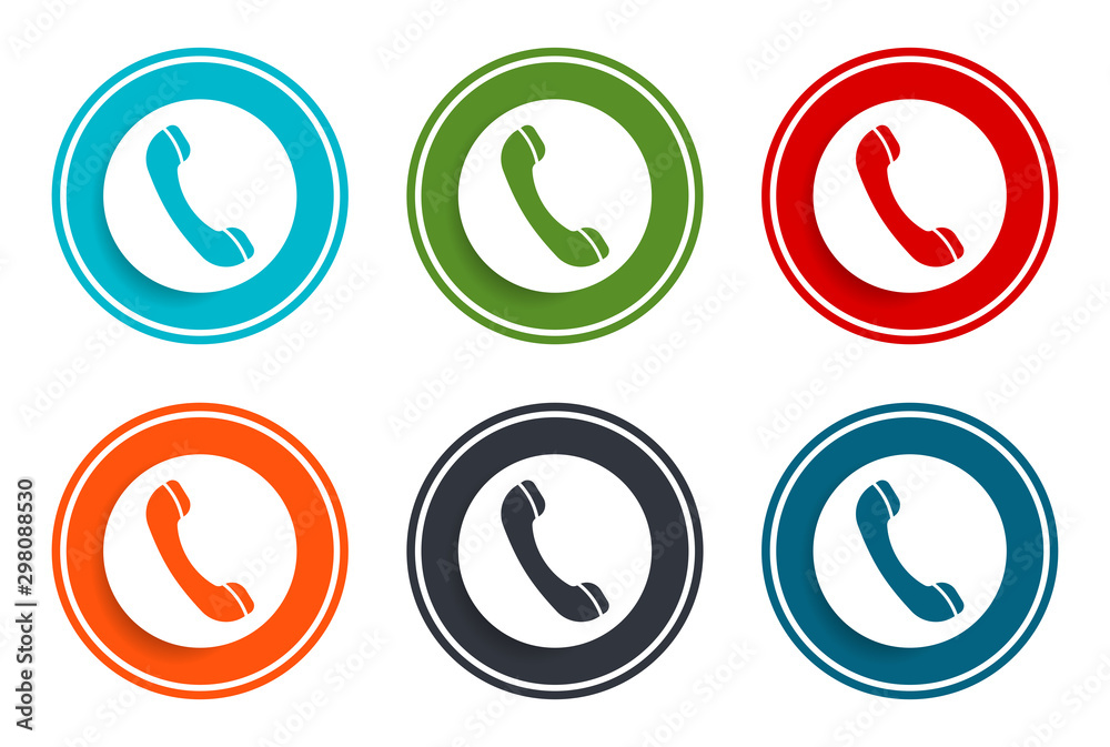 Phone icon flat vector illustration design round buttons collection 6 concept colorful frame simple circle set Phone icon flat vector illustration design round buttons collection 6 concept colorful frame simple circle set