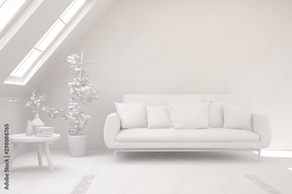 Mock up of stylish room in white color with sofa. Scandinavian interior design. 3D illustration Mock up of stylish room in white color with sofa. Scandinavian interior design. 3D illustration