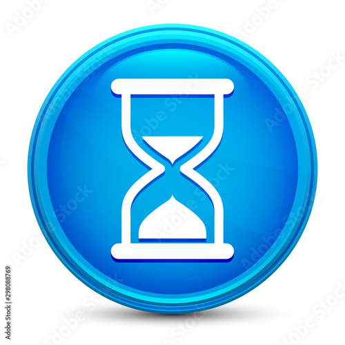 Timer sand hourglass icon glass shiny blue round button isolated design vector illustration