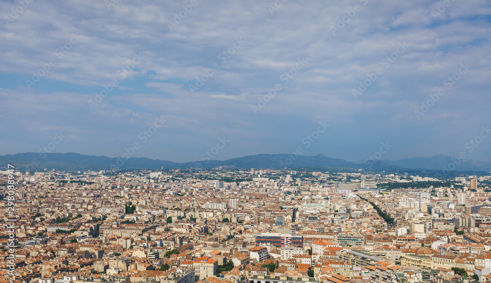 High Angle View Of Marseille Cityscape Against Clear Sky