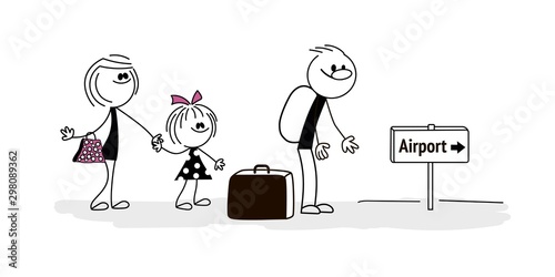 Doodle stick figure: Family go to the airport - Vector