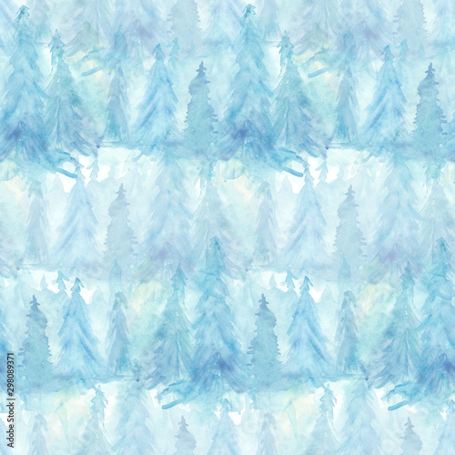 Seamless watercolor pattern, background. Blue spruce, pine, cedar, larch, purple, Blue abstract forest, silhouette of trees. Art illustration for your design. Abstract paint splash. Grunge texture